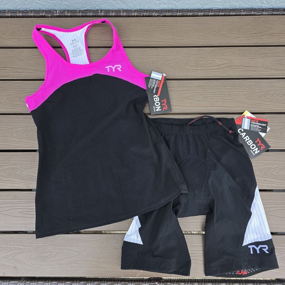 TYR Carbon Women Pink/black Tri Tank & 9 in Pad Short Sz XS New